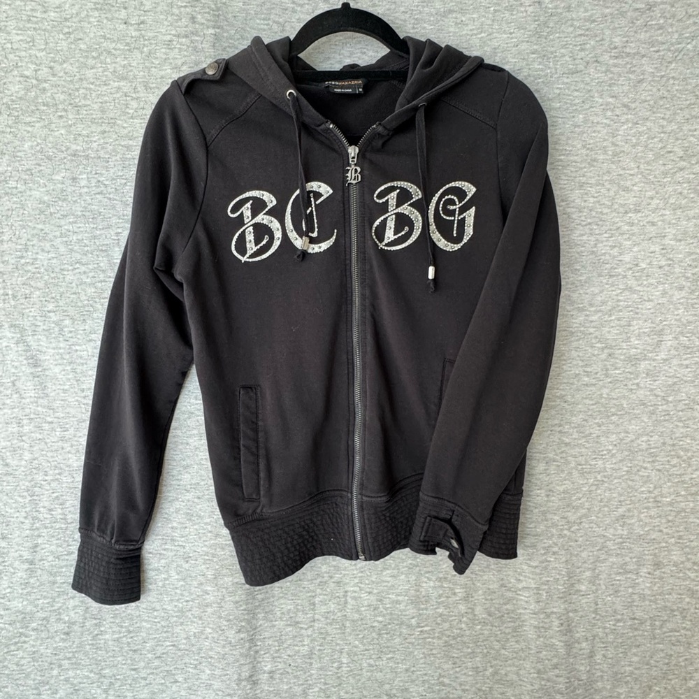 Pre-owned BCBG Black and Gray Bomber Jacket with Stylish Hood